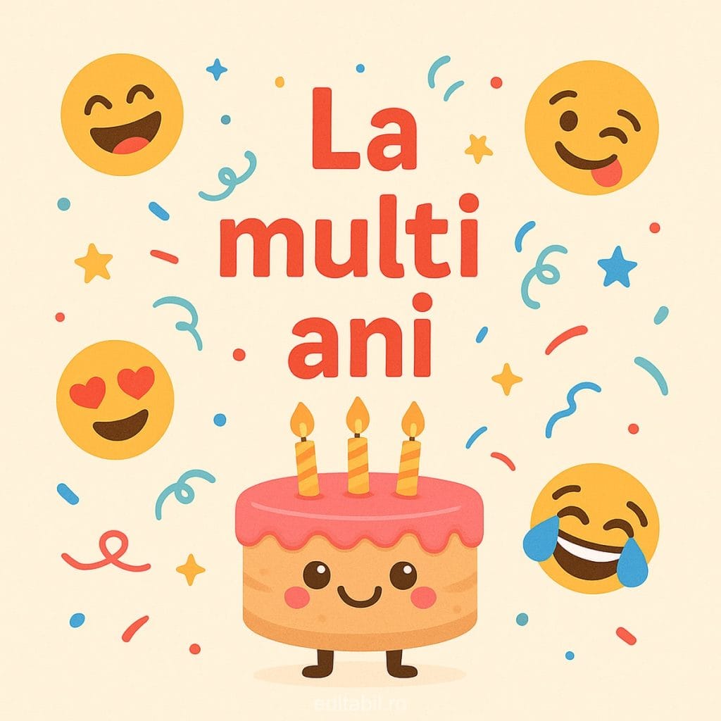 Imagine haioasă cu text La mulți ani și tort zâmbitor