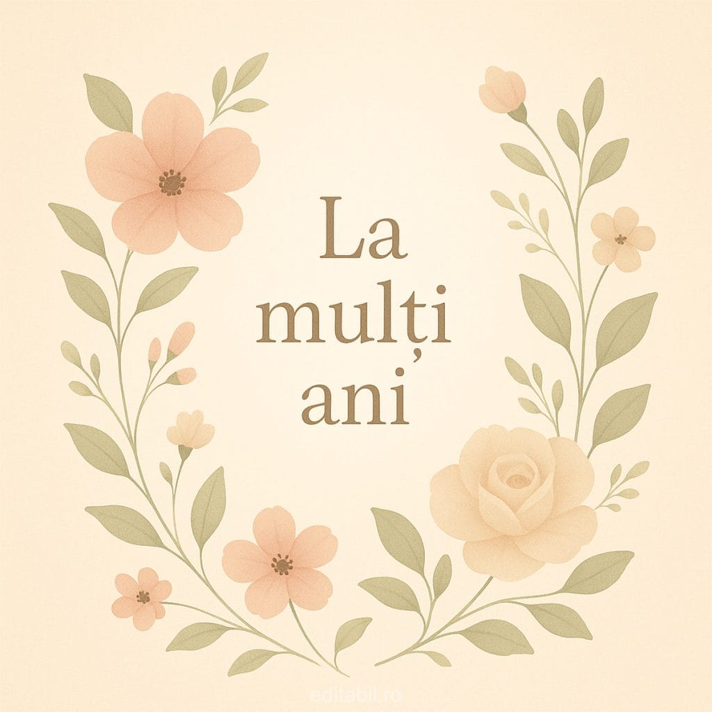 Felicitare elegantă cu text La mulți ani și flori