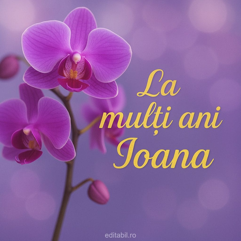 Felicitare cu orhidee mov pentru La mulți ani Ioana.