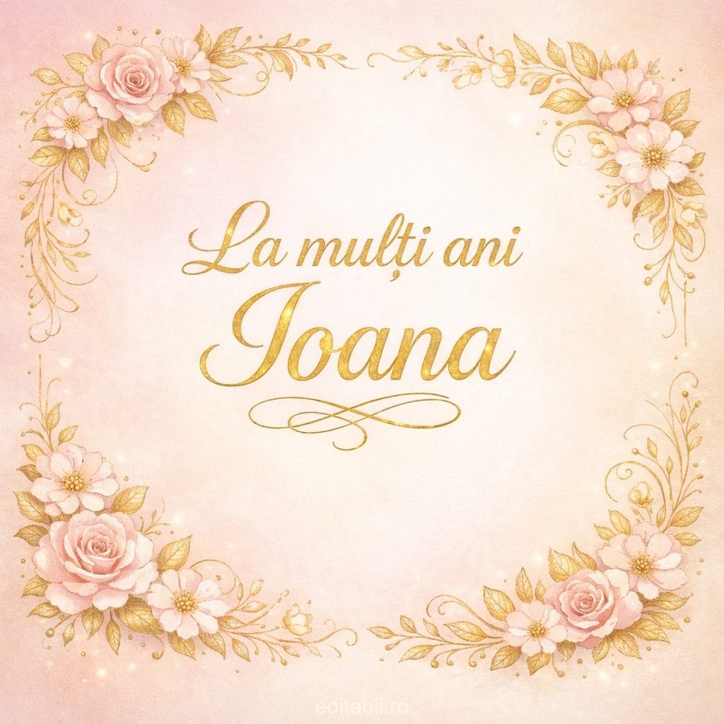 Felicitare elegantă pentru Ioana cu ramă aurie și pastel.