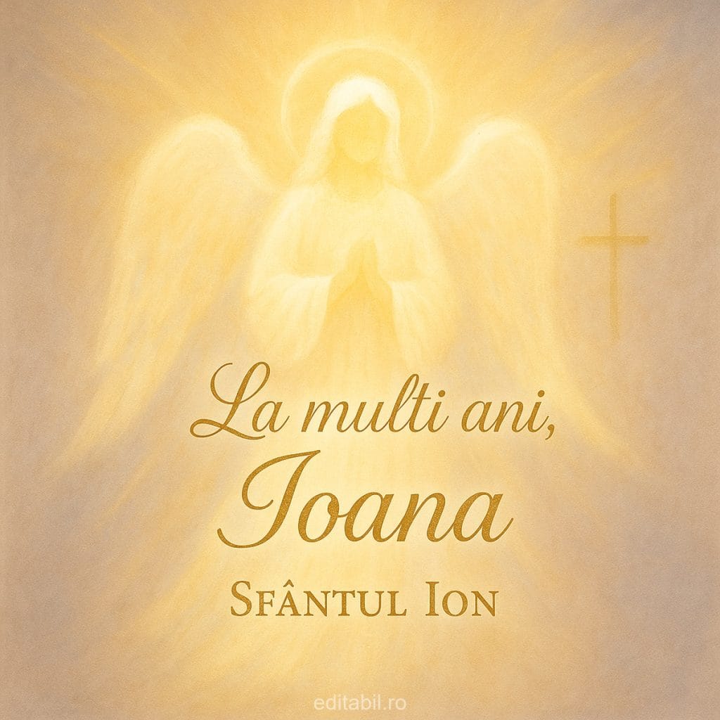 Felicitare religioasă La mulți ani Ioana cu înger și lumină.