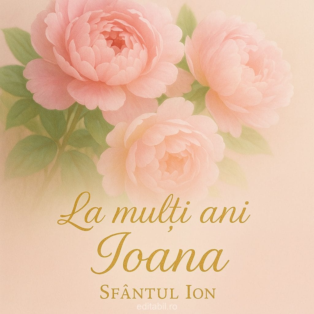 Felicitare elegantă La mulți ani Ioana cu flori roz.