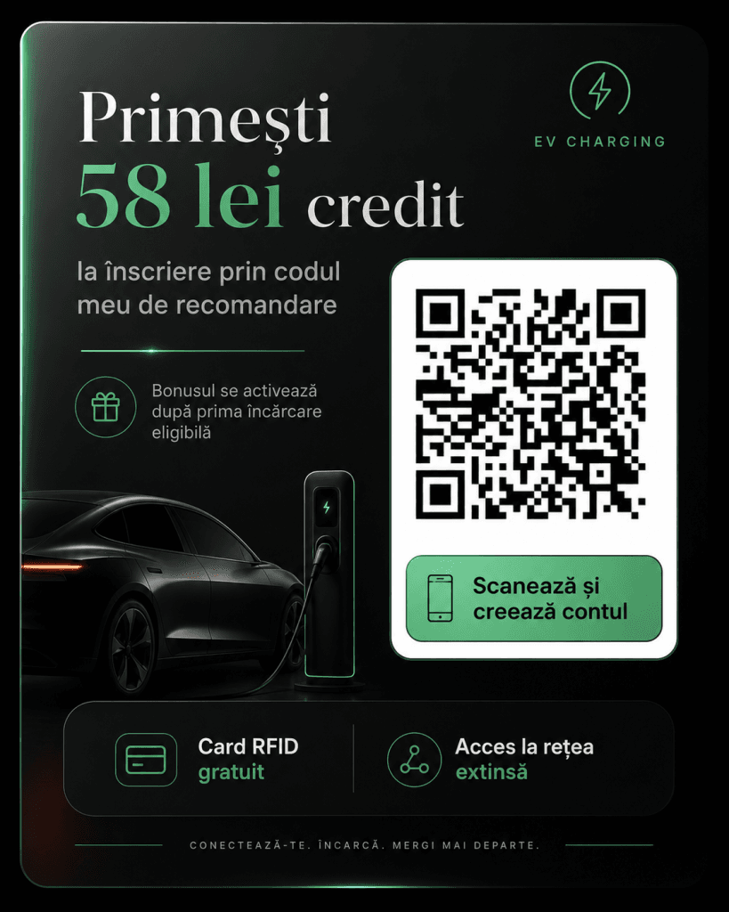 Voucher digital Electroverse pentru încărcarea mașinii electrice și obținerea creditului de 58 lei