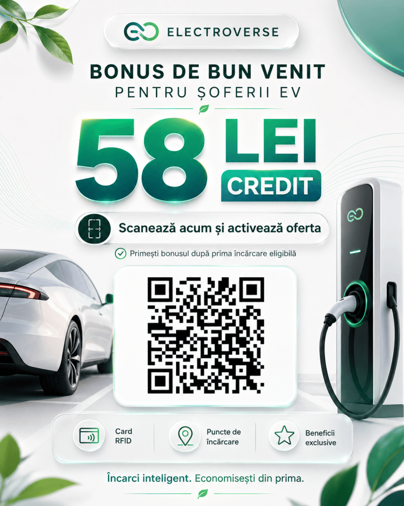 Bonus Electroverse de 58 lei pentru încărcare auto electrică, disponibil prin înscriere cu cod QR
