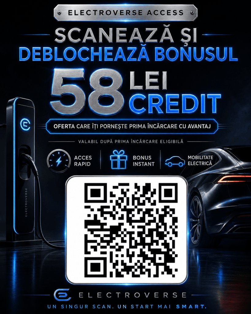 Card digital Electroverse cu 58 lei credit pentru încărcarea mașinii electrice și cod QR de înscriere