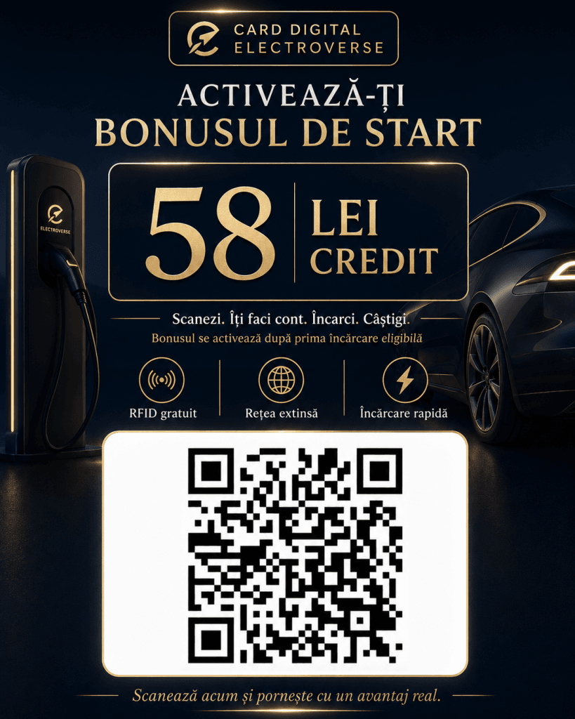 Ofertă Electroverse cu 58 lei credit și card RFID gratuit pentru încărcarea vehiculului electric