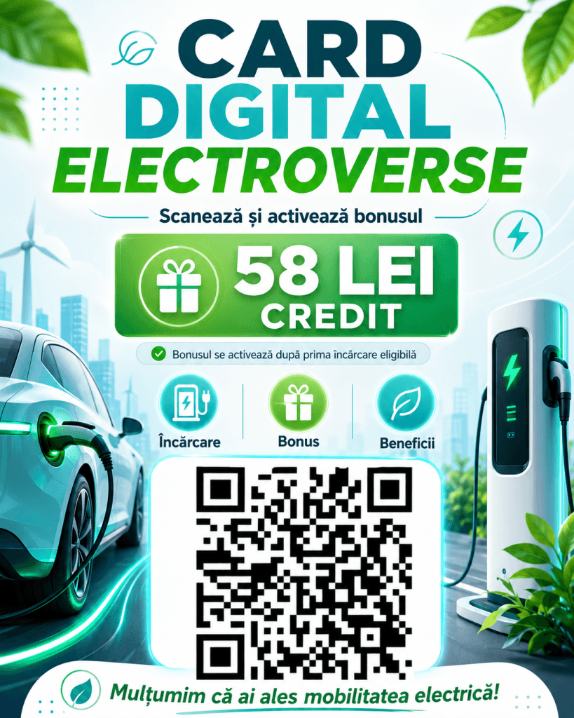Bonus de bun venit Electroverse pentru șoferii de mașini electrice, cu 58 lei credit și cod QR