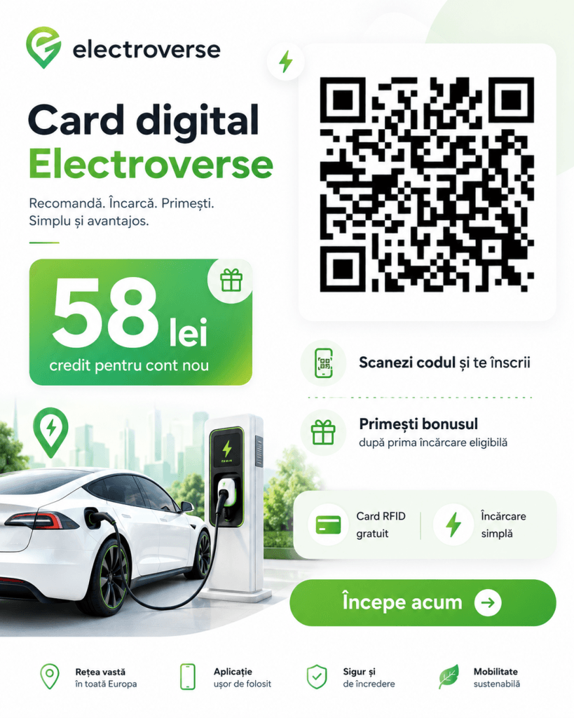 Încarcă mașina electrică prin Electroverse și poți primi 58 lei credit prin recomandare