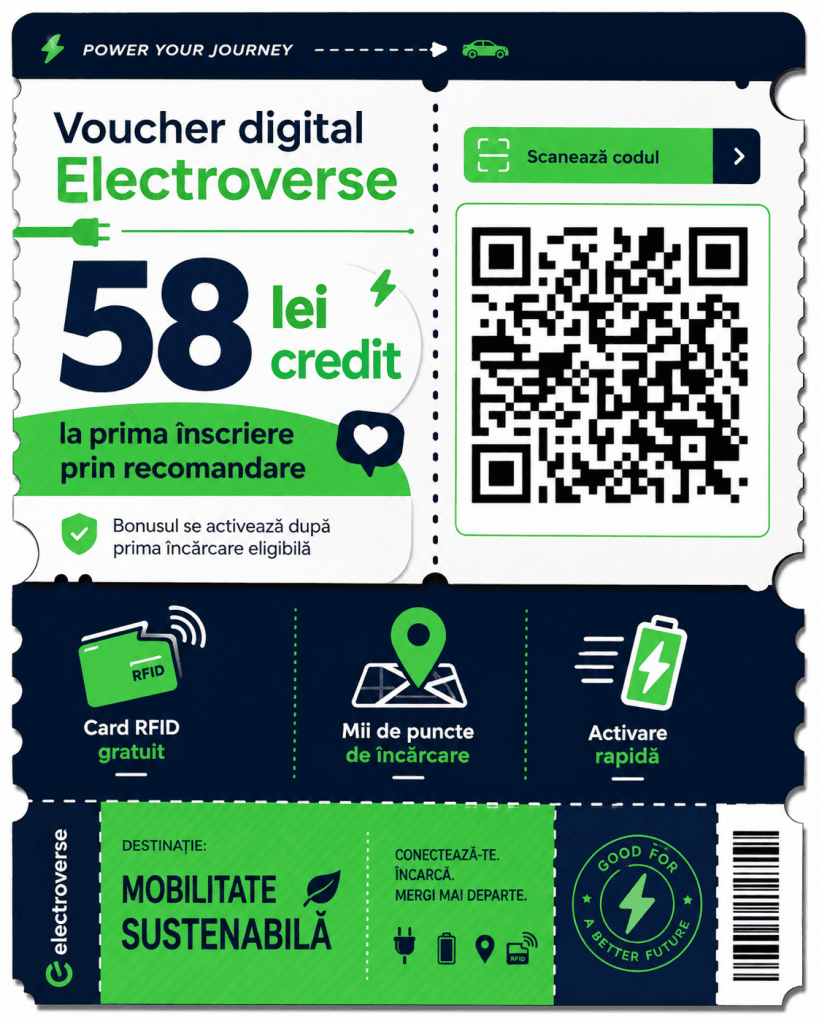 Scanează codul QR Electroverse pentru cont nou și credit destinat încărcării electrice