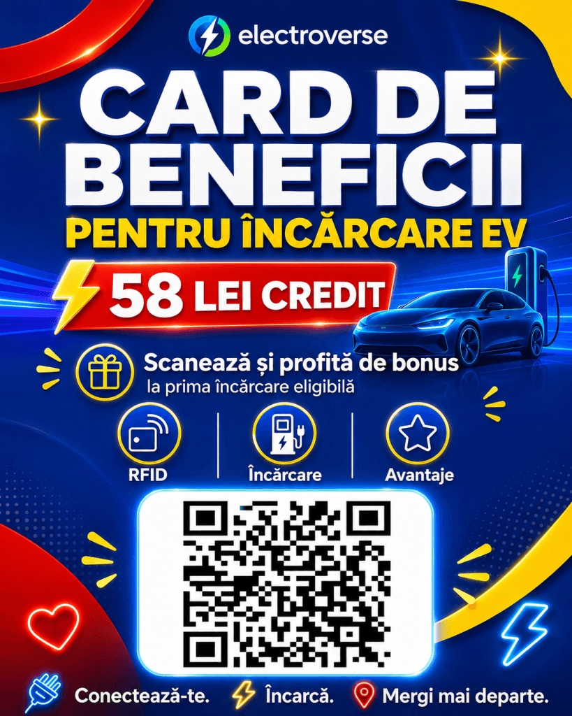 Card de beneficii Electroverse pentru încărcarea EV, cu 58 lei credit după prima încărcare eligibilă