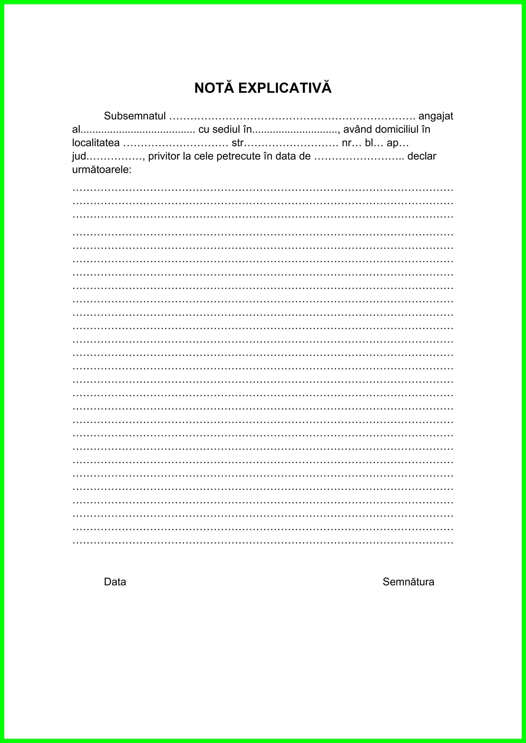 Notă explicativă – model completat Word și PDF