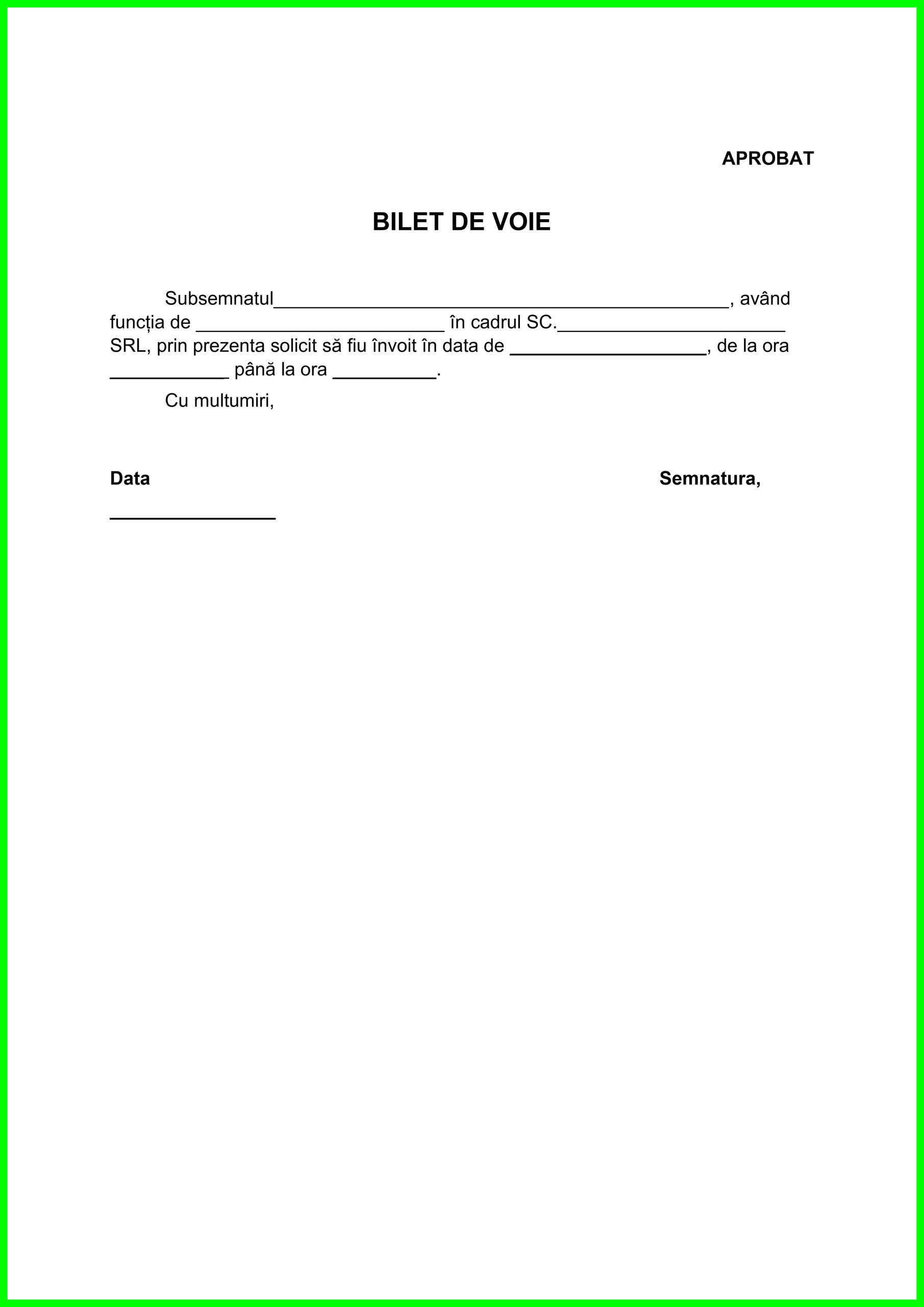 Bilet de voie pentru învoire de la serviciu – model Word și PDF
