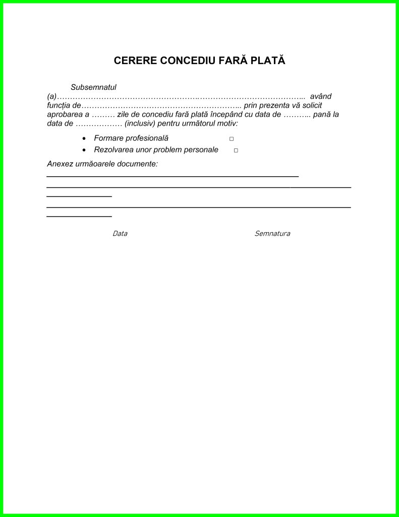 Cerere de concediu fără plată – model Word și PDF