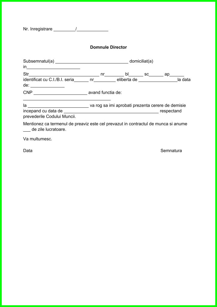Cerere de demisie simplă – model Word și PDF