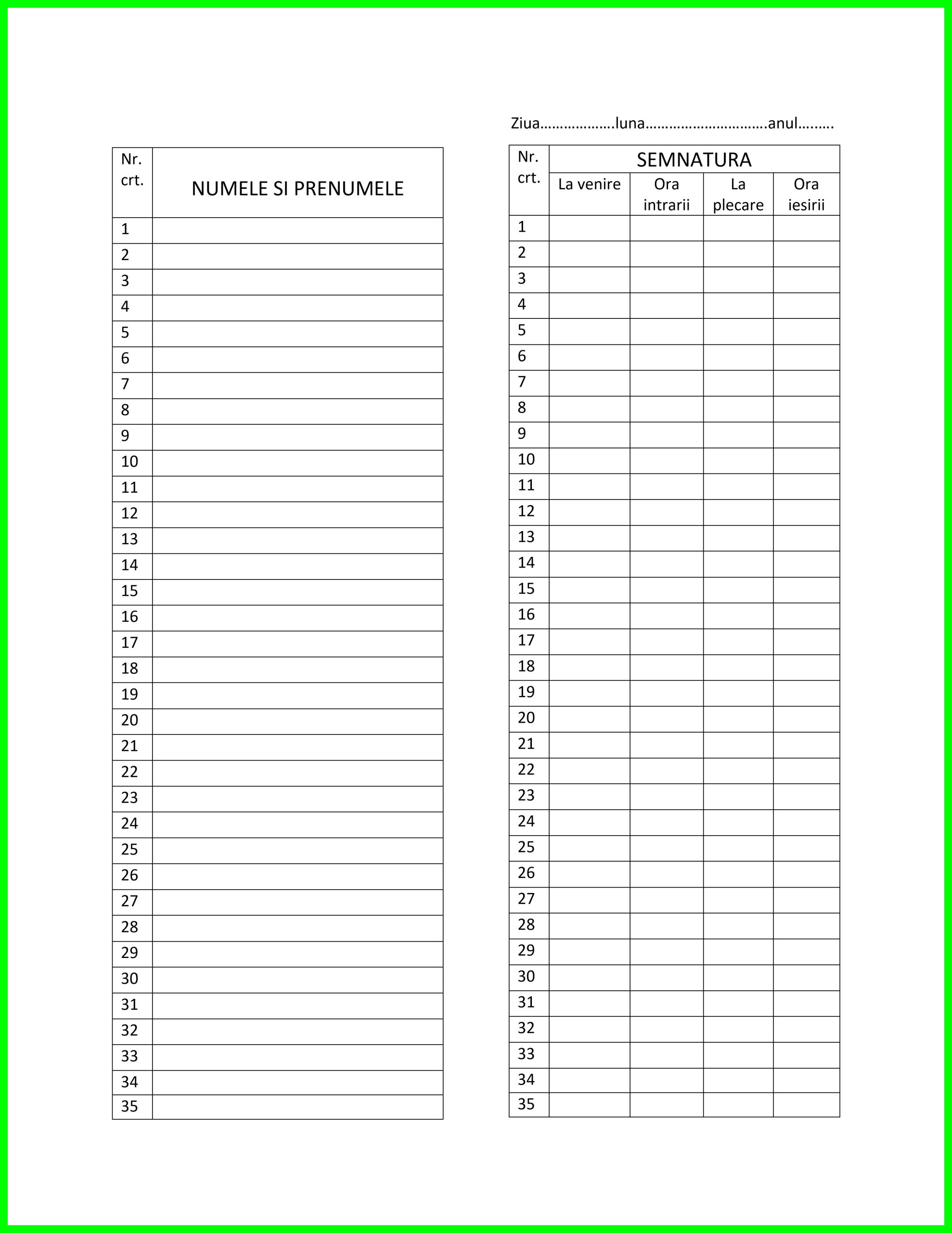 Condică de prezență angajați – model Word, PDF și imagine