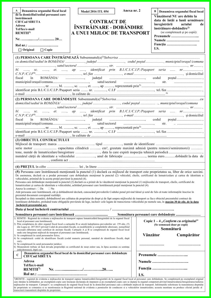 Contract de înstrăinare-dobândire auto ITL 054 – model 2026