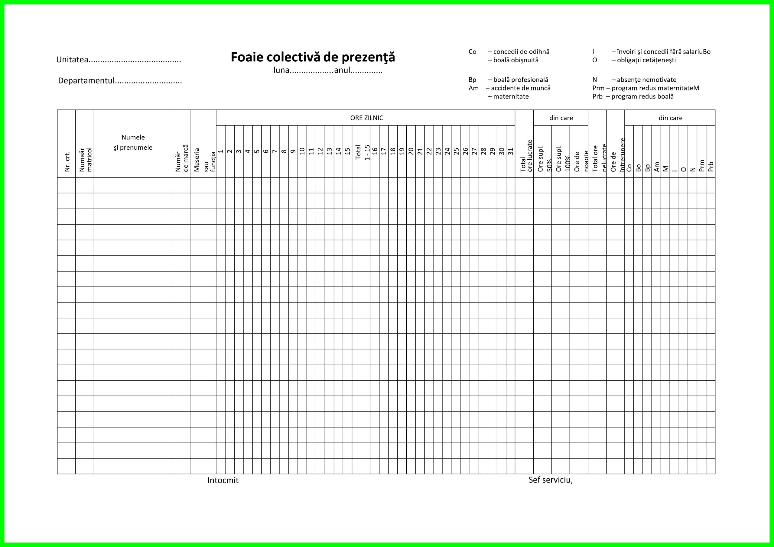 Fișă de pontaj angajați – model completabil Word și PDF