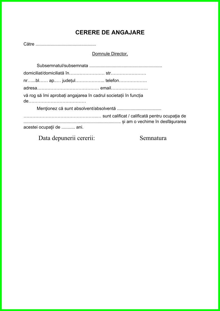 Cerere de angajare – model Word și PDF