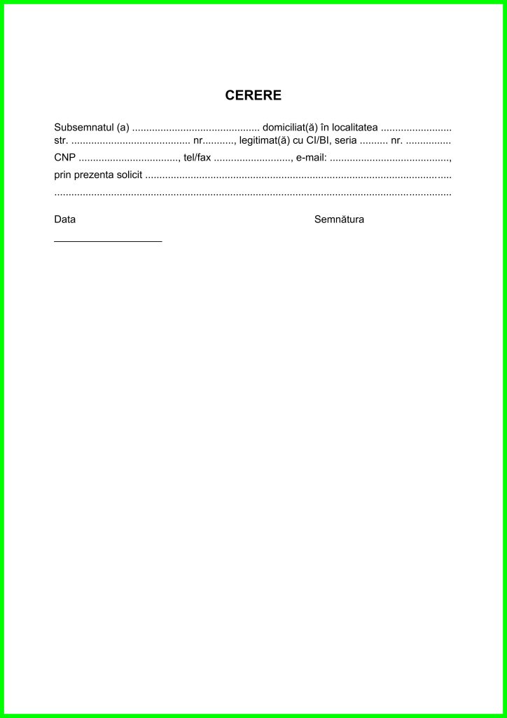 Model cerere de solicitare – exemplu Word și PDF