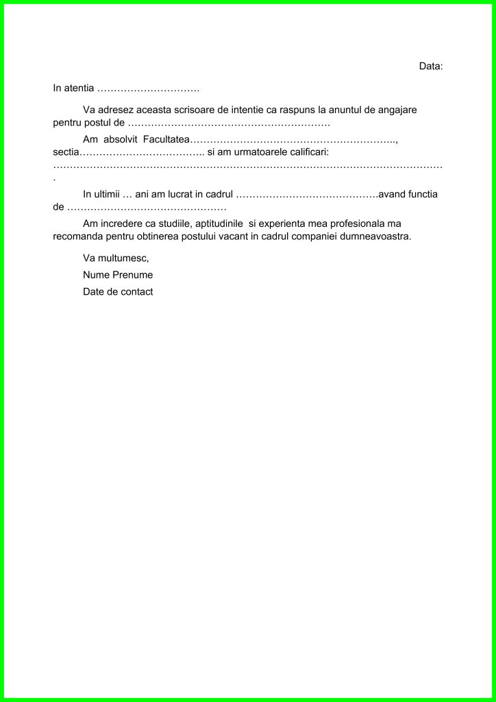 Scrisoare de intenție pentru angajare – model Word și PDF